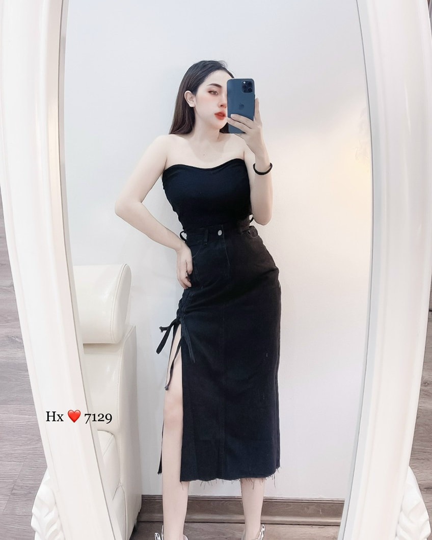 Chân váy jean ôm dáng dài rút dây đẹp Loanboutique3752