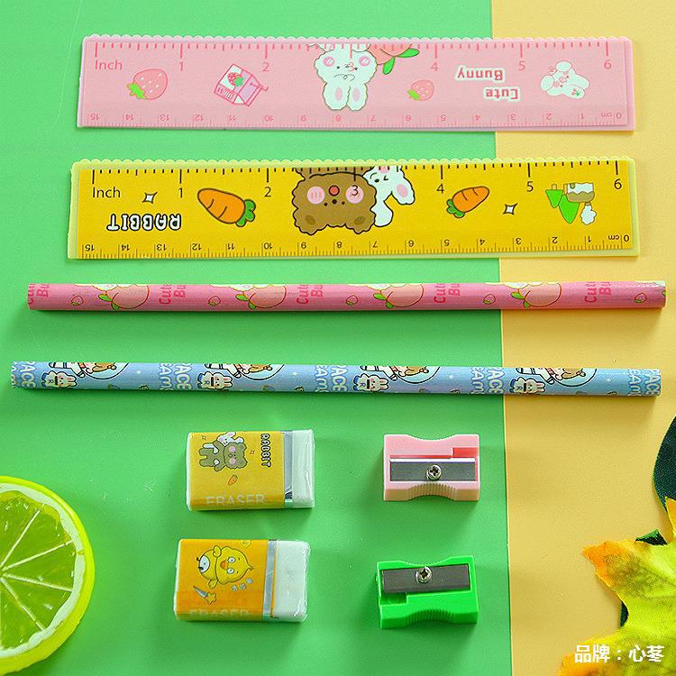 Bộ quà tặng dụng cụ học tập 5 món thước, bút chì, gôm, chuốt kèm hộp đựng cute dễ thương cho bé