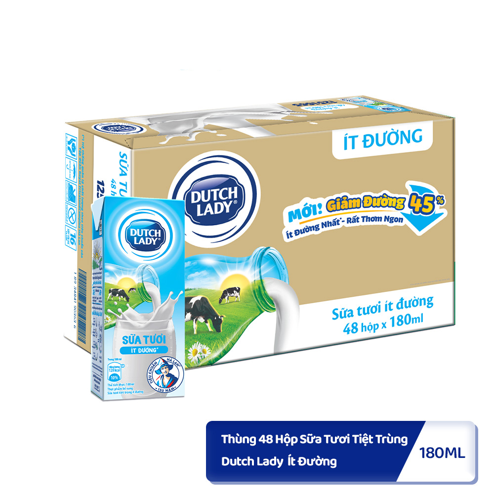 Thùng 48 Hộp Sữa Tươi Tiệt Trùng Dutch Lady Cô Gái Hà Lan ít đường 180ml