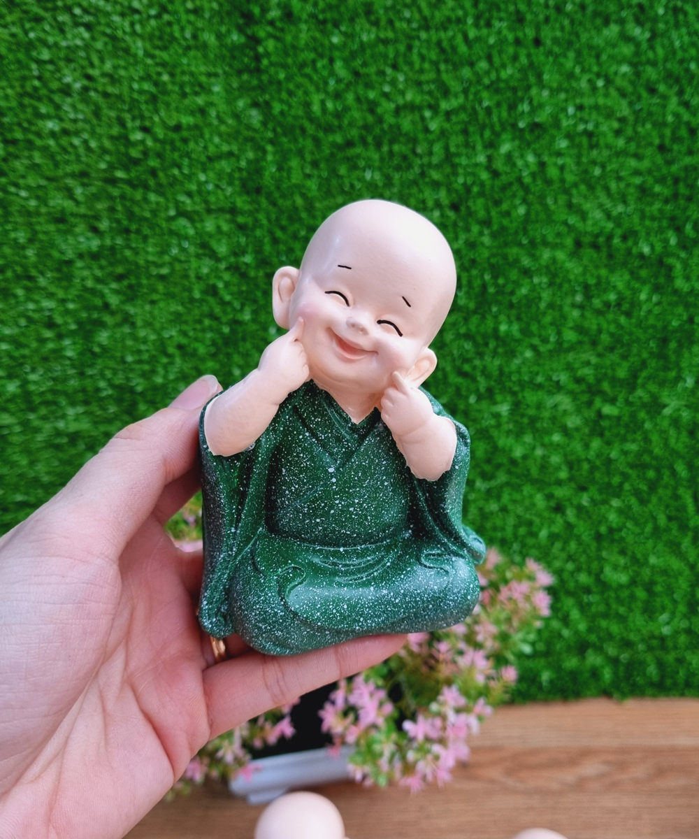 Bộ 03 tượng chú tiểu Tam Không áo xanh lá 10cm - tặng kèm 50 xu vàng mini may mắn