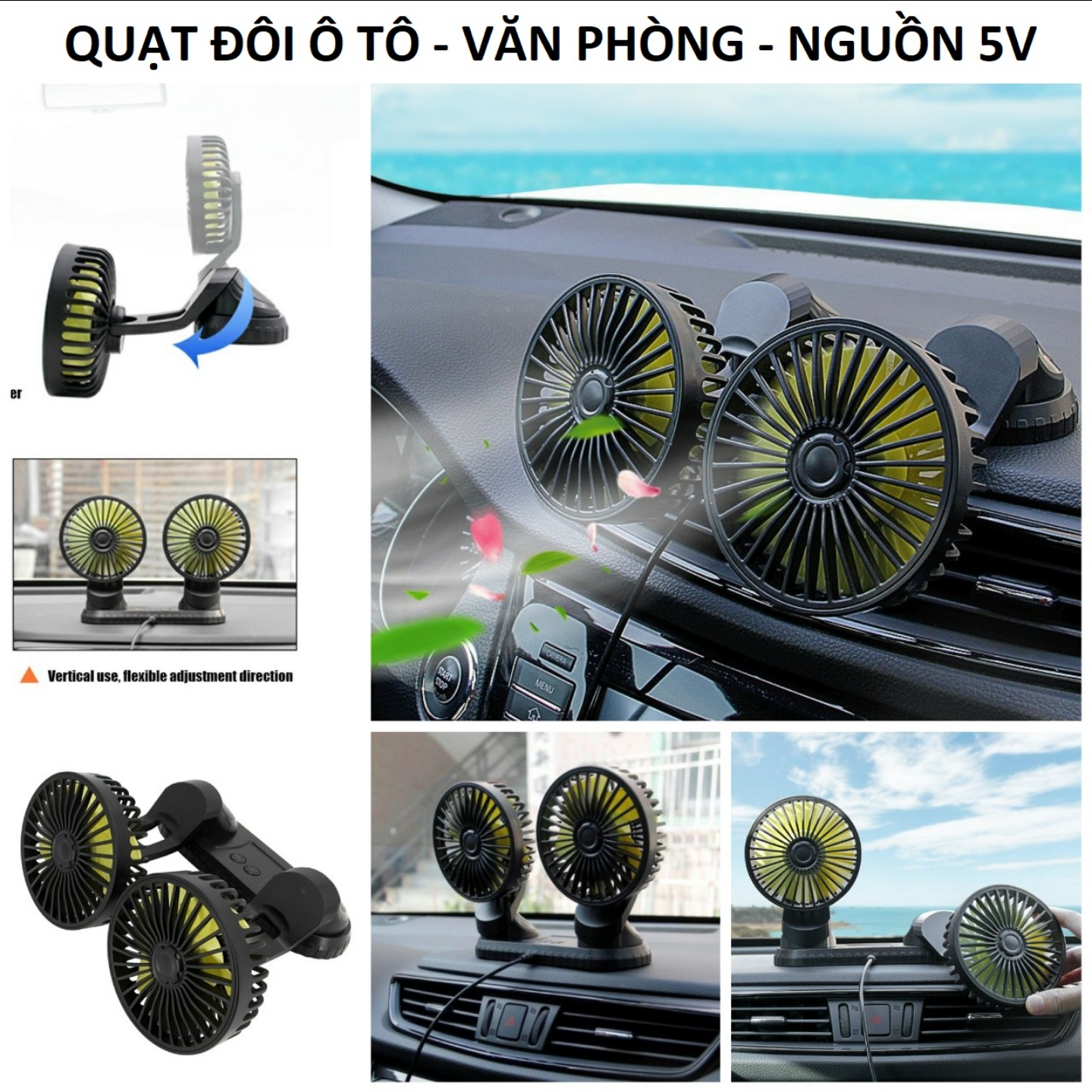 BỘ 2 QUẠT MÁY QUẠT GIÓ LÀM MÁT MINI TRÊN XE HƠI ÔTÔ QUAY 360 12V-24V CỔNG USB 5V TIỆN DỤNG GIÓ CỰC MẠNH HÀNG CAO CẤP