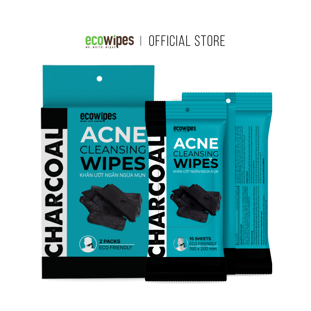 Hộp 2 gói khăn giấy ướt ngừa mụn than hoạt tính Charcoal Anti Acne Cleansing Wipes gói 15 tờ an toàn cho da