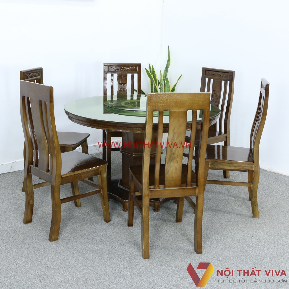 Bộ Bàn Ăn Tròn Mâm Xoay Kính Gỗ Sồi 8 Ghế Màu Óc Chó Đẹp Giá Rẻ