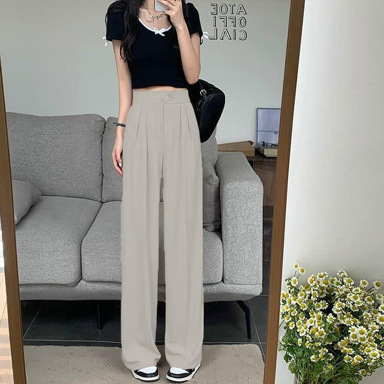 Quần culottes ống rộng suông dài, Quần tây lưng cao 2 cúc xéo chất dày cao cấp