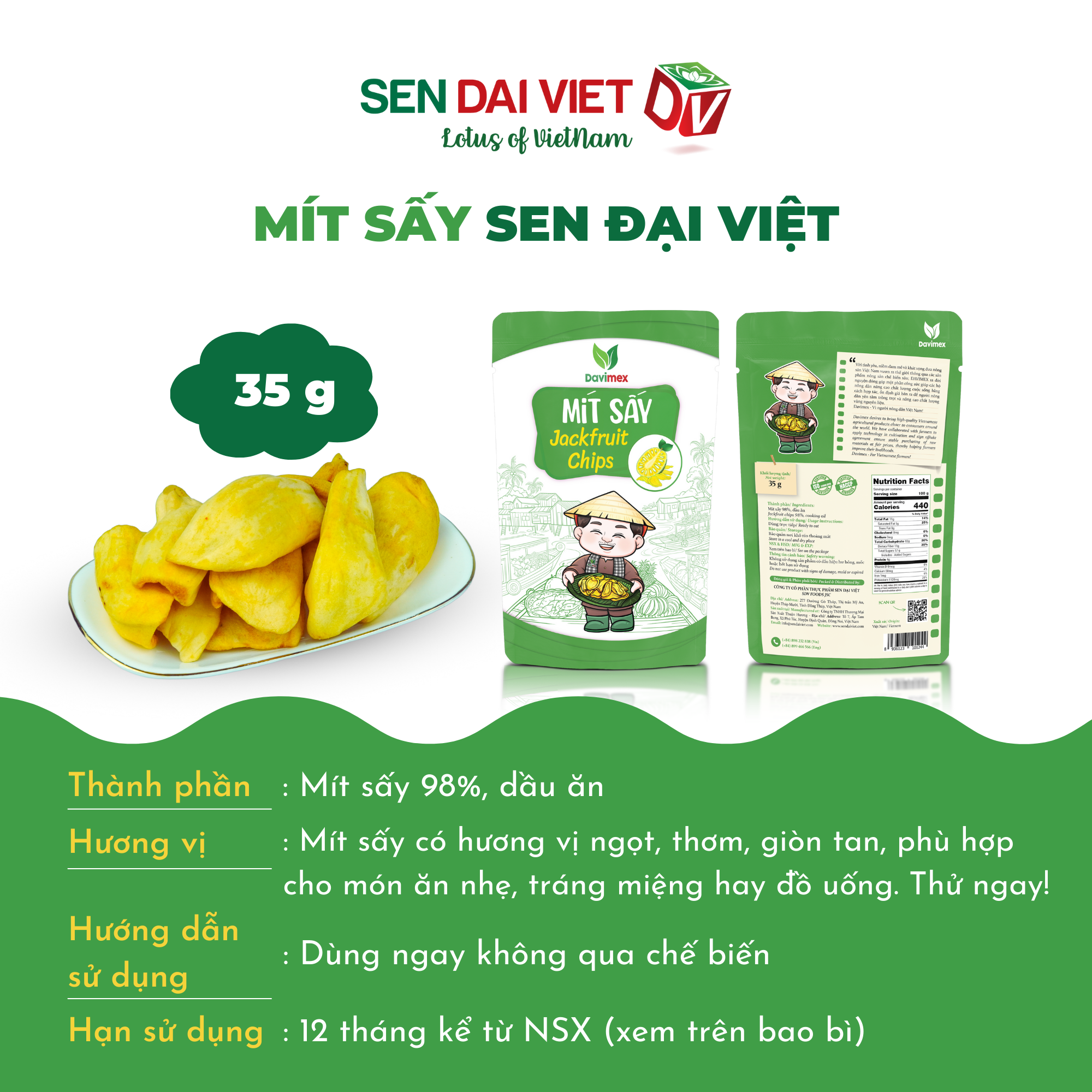 Mít Sấy Giòn- Thức ăn sạch cho sức khỏe, Hương Vị Tự Nhiên, Thơm Ngon Toàn Diện, ĐV- Sen Đại Việt- Gói 35g