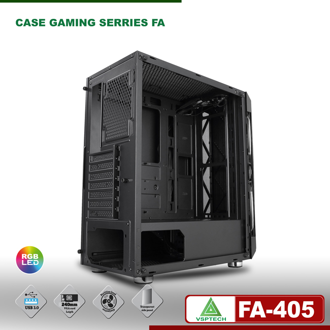 Vỏ máy tính Case VSP FA 405 (ATX, M-ATX, ITX) Kính cường lực (Tặng 3 FAN RGB) - Hàng chính hãng TECH VISION phân phối