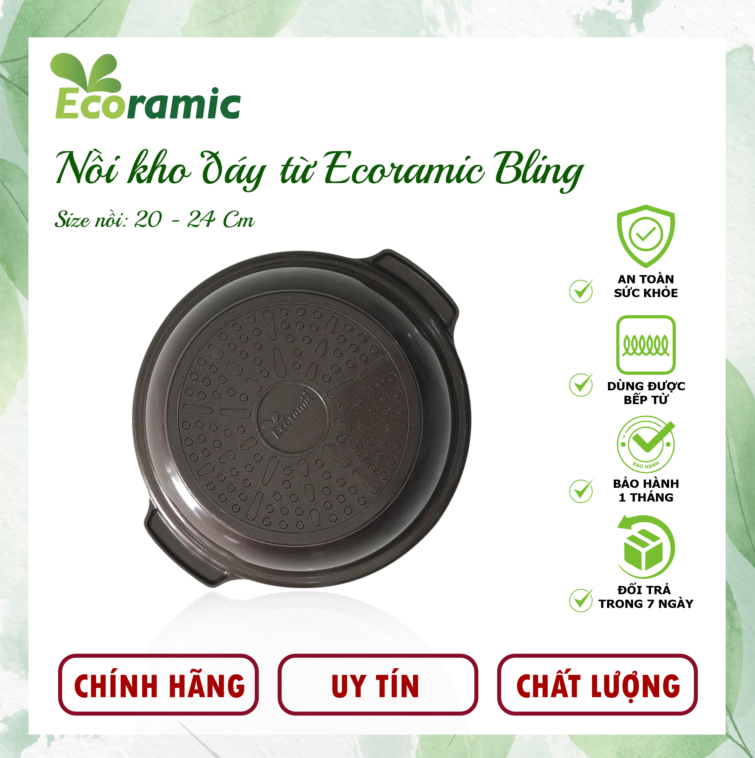 Nồi Kho Bếp Từ Ecoramic Bling  Chính Hãng Chống Dính, Siêu Bền - Tặng Kèm Đế Lót Gỗ Cao Cấp