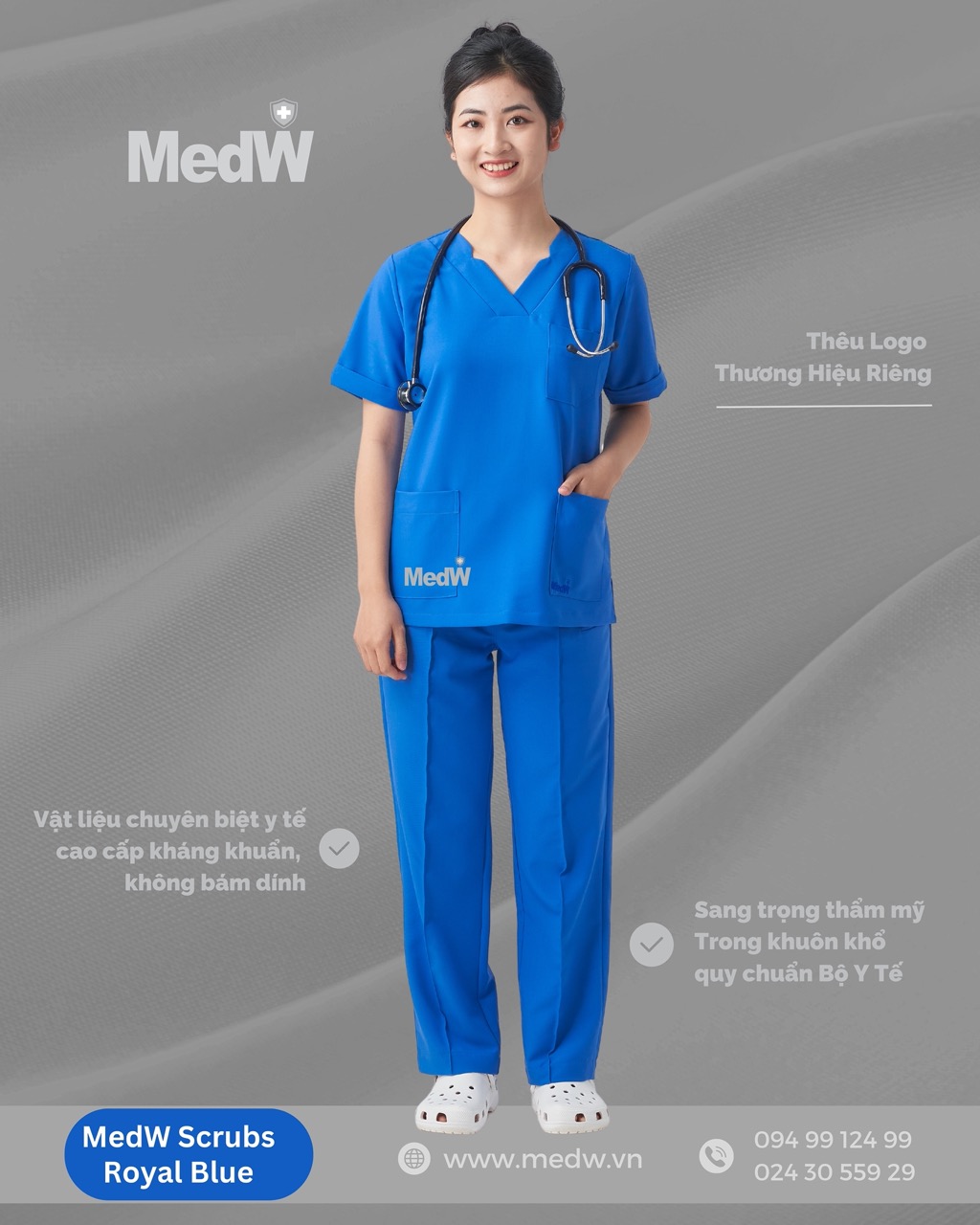 MedW  Scrubs Y Tế Royal Blue (Nữ) Diana Xanh Hoàng Gia Bộ Trang Phục Y Tế Bác Sĩ, Điều Dưỡng Thiết Kế Pháp Cách Tân, Vật Liệu Y Tế Cotton Nhật Nhập Khẩu Chuyên Biệt Không Bám Dính, Xếp Ly Giữ Dáng Suông Vận Động Tự Do. Thêu Tên Logo Thương Hiệu Riêng