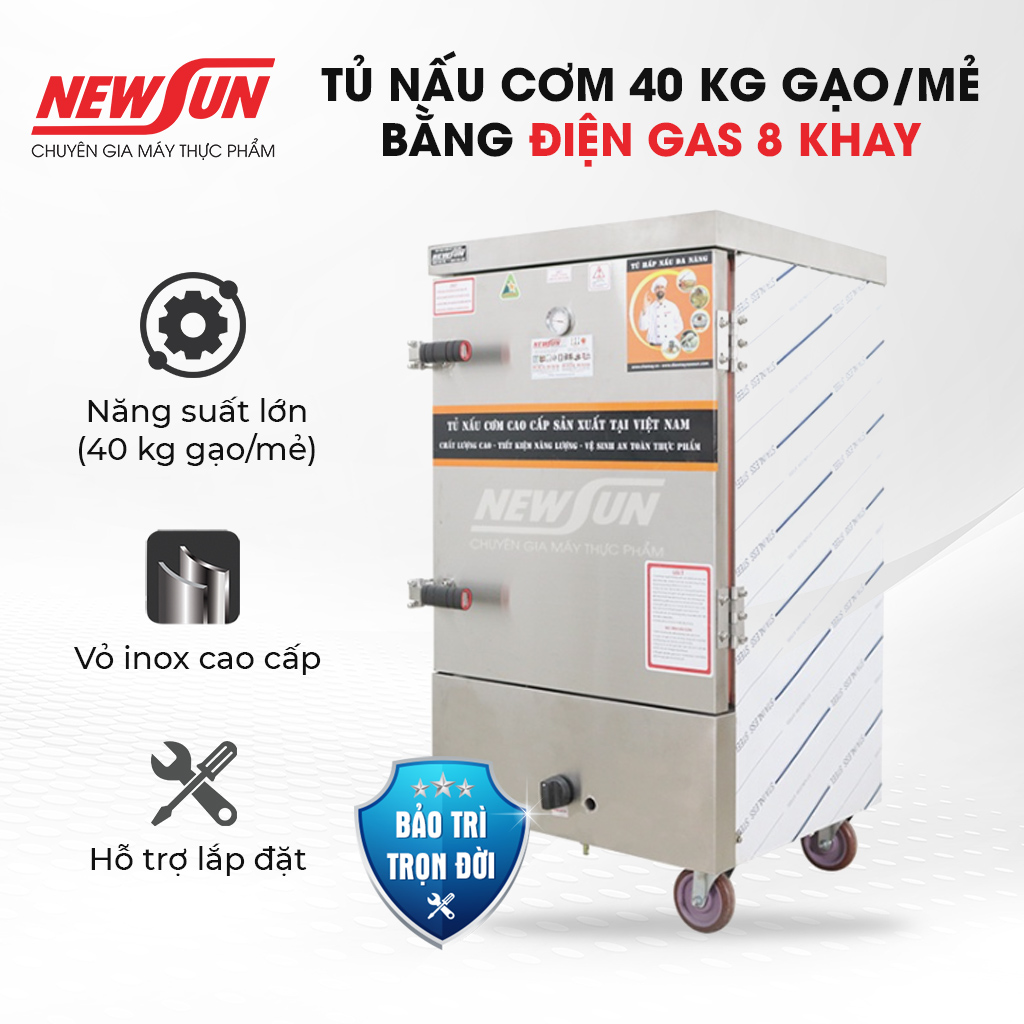 Tủ Nấu Cơm 40 Kg Gạo/ Mẻ Bằng Điện 8 Khay Inox 304 NEWSUN Việt Nam - Hàng Chính Hãng