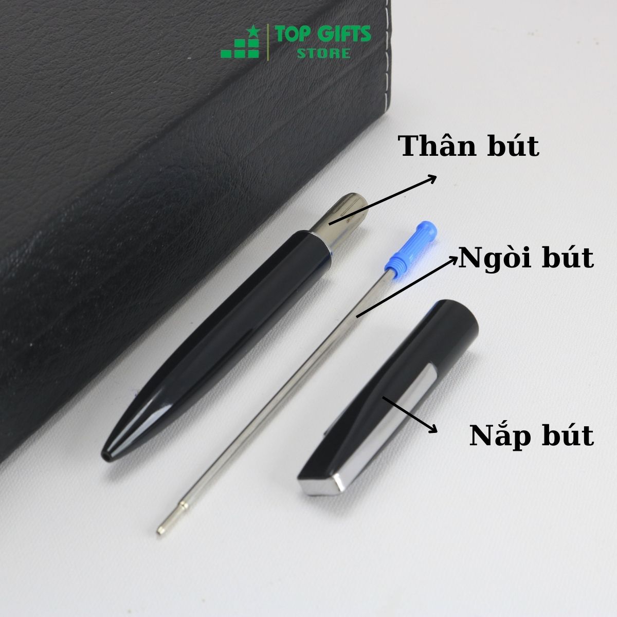 Bút ký khắc tên BX020 - ngòi 0.7mm dạng xoay màu đen 1 viền bạc + Hộp bút và ruột bút