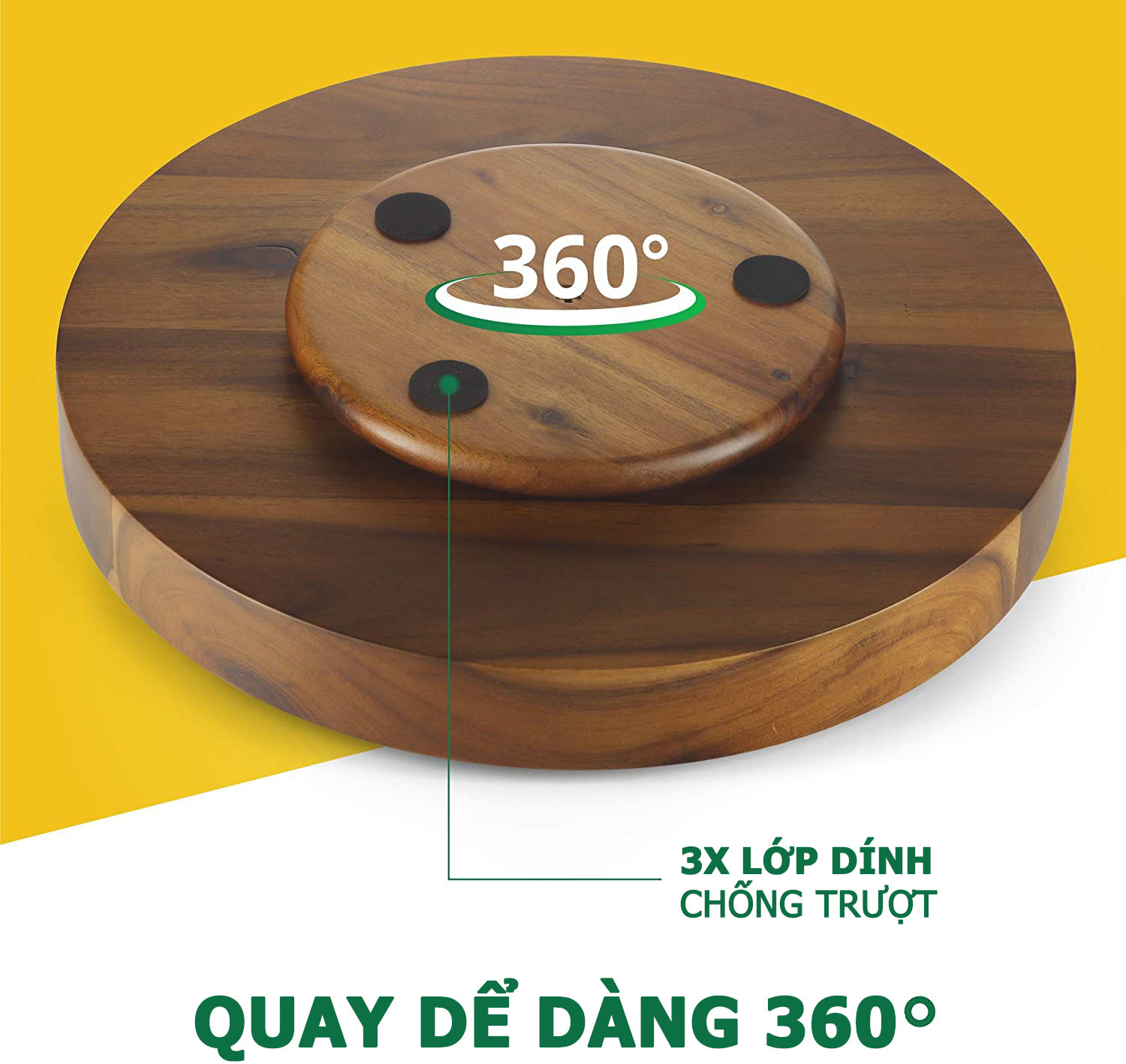 Khay gỗ xoay 360 độ đường kính 33cm, decor trang trí thức ăn, đựng đồ dùng nhà bếp - Màu nâu gỗ và trắng