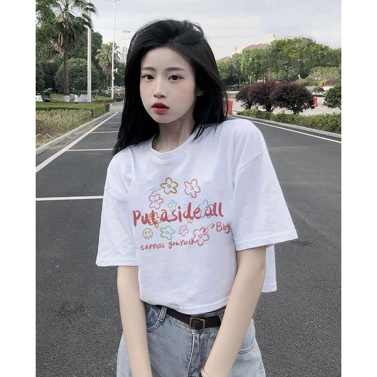 Áo croptop nữ tay ngắn cổ tròn vải thun cotton kiểu hàn quốc CR033 Miucho in hình hoạ tiết