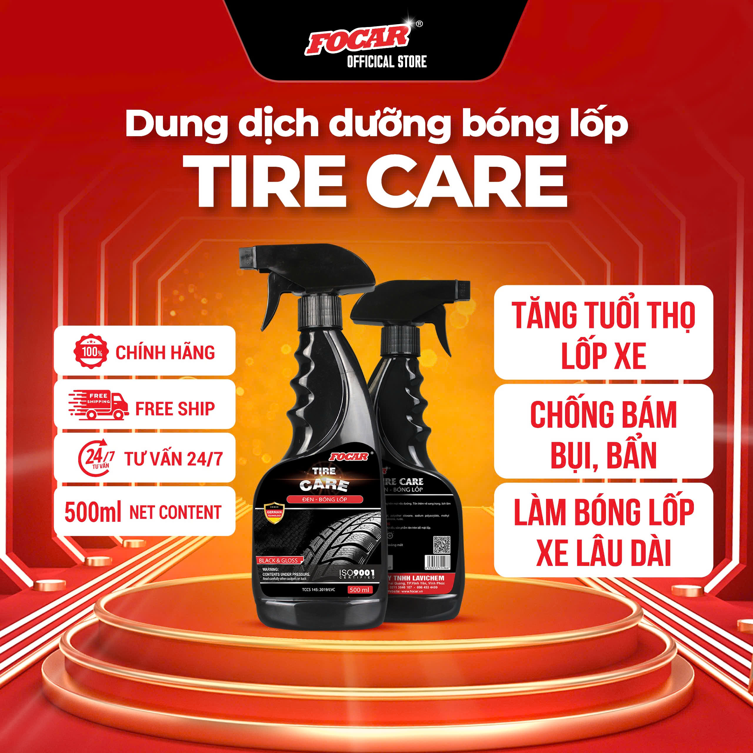 Dung Dịch Dưỡng Đen Bóng Lốp Ô Tô Focar Tire Care 500Ml