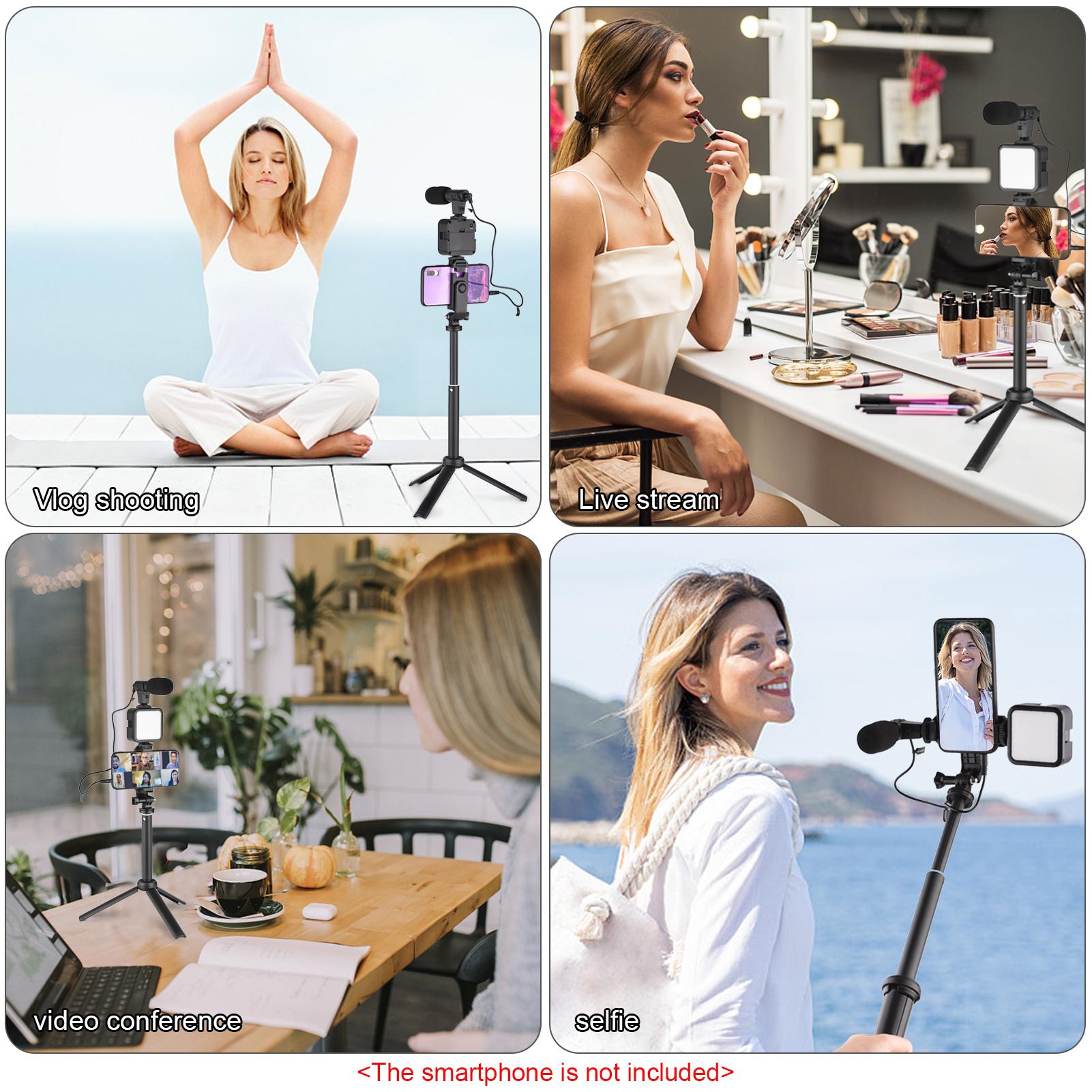Vlog Shooting Kit Mini LED Video Light + Super Cardioid Condenser Microphone + Phone Clip + Tripod + Remote Shutter