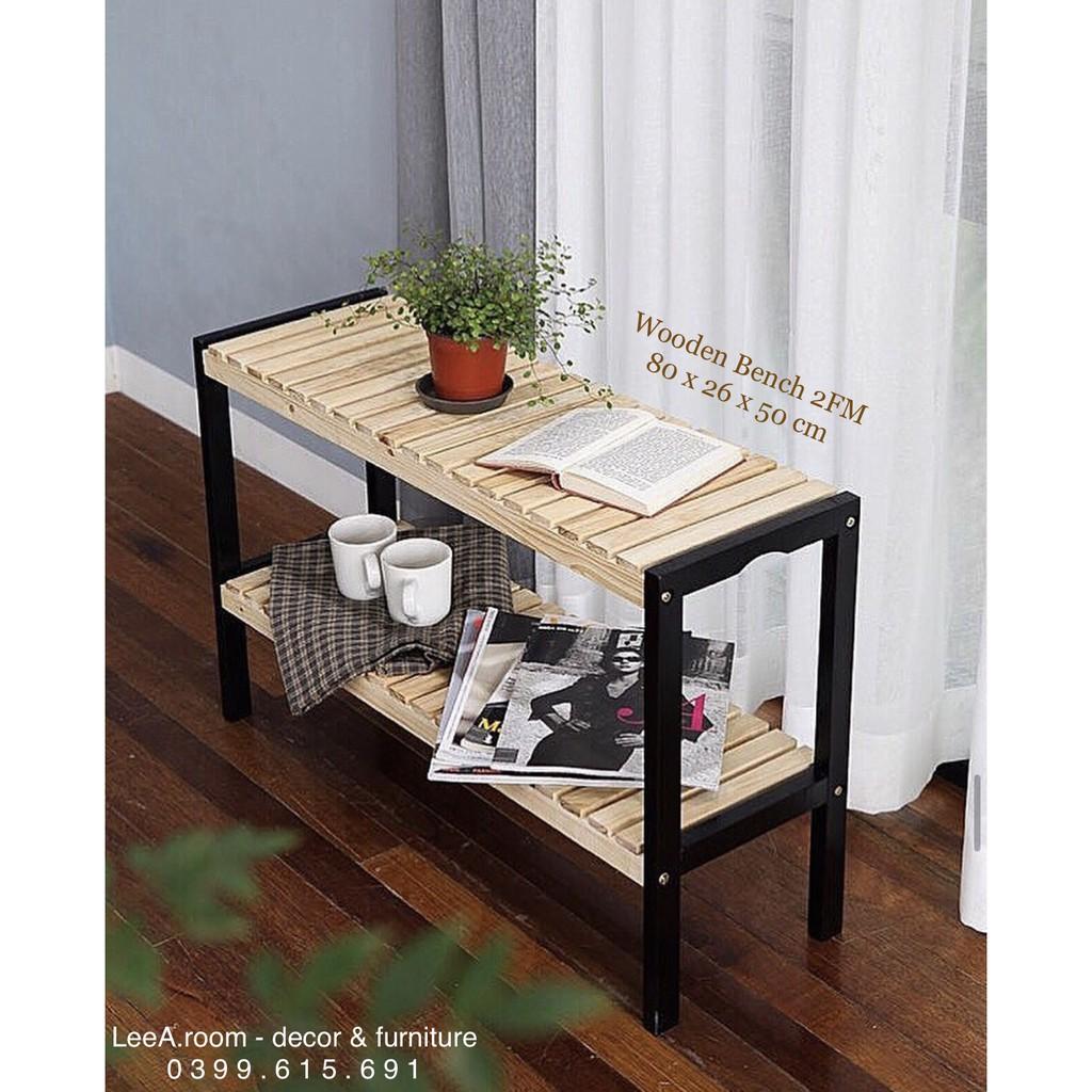Kệ Giày Dép Gỗ Cao Cấp / Kệ Gỗ Trang Trí - Wooden Bench 2FM - Màu Gỗ Tự Nhiên Phối Chân Đen