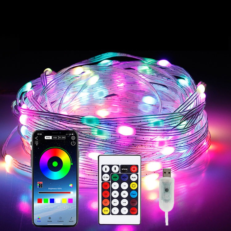 Cuộn nháy Led đuổi 10M Dây đèn RGB 5V nháy theo nhạc, âm thanh bên ngoài chống nước chỉnh app điện thoại.