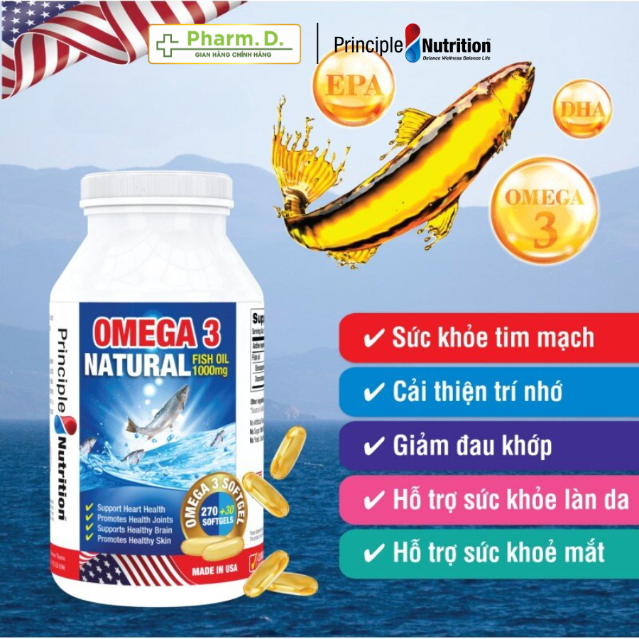 Viên Uống Dầu Cá Bổ Sung Omega 3 Bổ Não PRINCIPLE NUTRITION Natural Fish Oil 1000mg (60 viên)