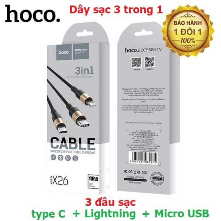 Cáp Sạc Điện Thoại Đa Năng loại tốt hàng chính hãng HOCO X26 3in1, chiều dài 1m – Dây Sạc nhanh 3 đầu bọc dù chống xoắn, đứt, bh 12 Tháng