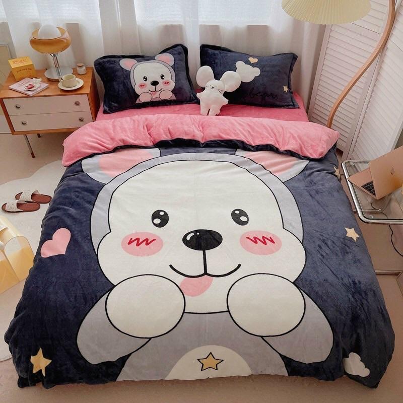 Bộ Chăn Ga Gối Đệm Cute, Chăn Ga Nỉ Nhung, Bộ Chăn Mền Ga Gối Nỉ Nhung Cao Cấp Siêu Mềm Mịn