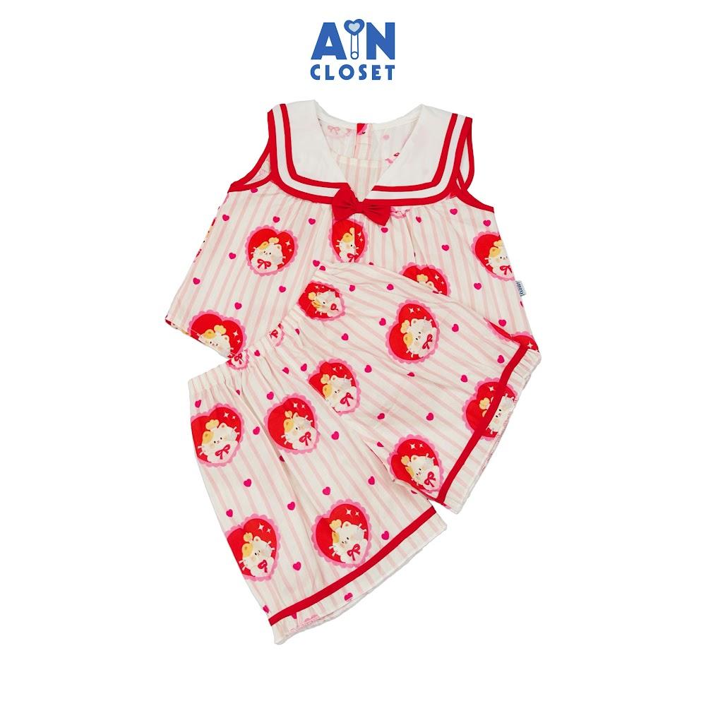 Bộ quần áo Ngắn bé gái họa tiết Kẻ Mèo Tim Đỏ Cotton - AICDBGNAVWCS - AIN Closet