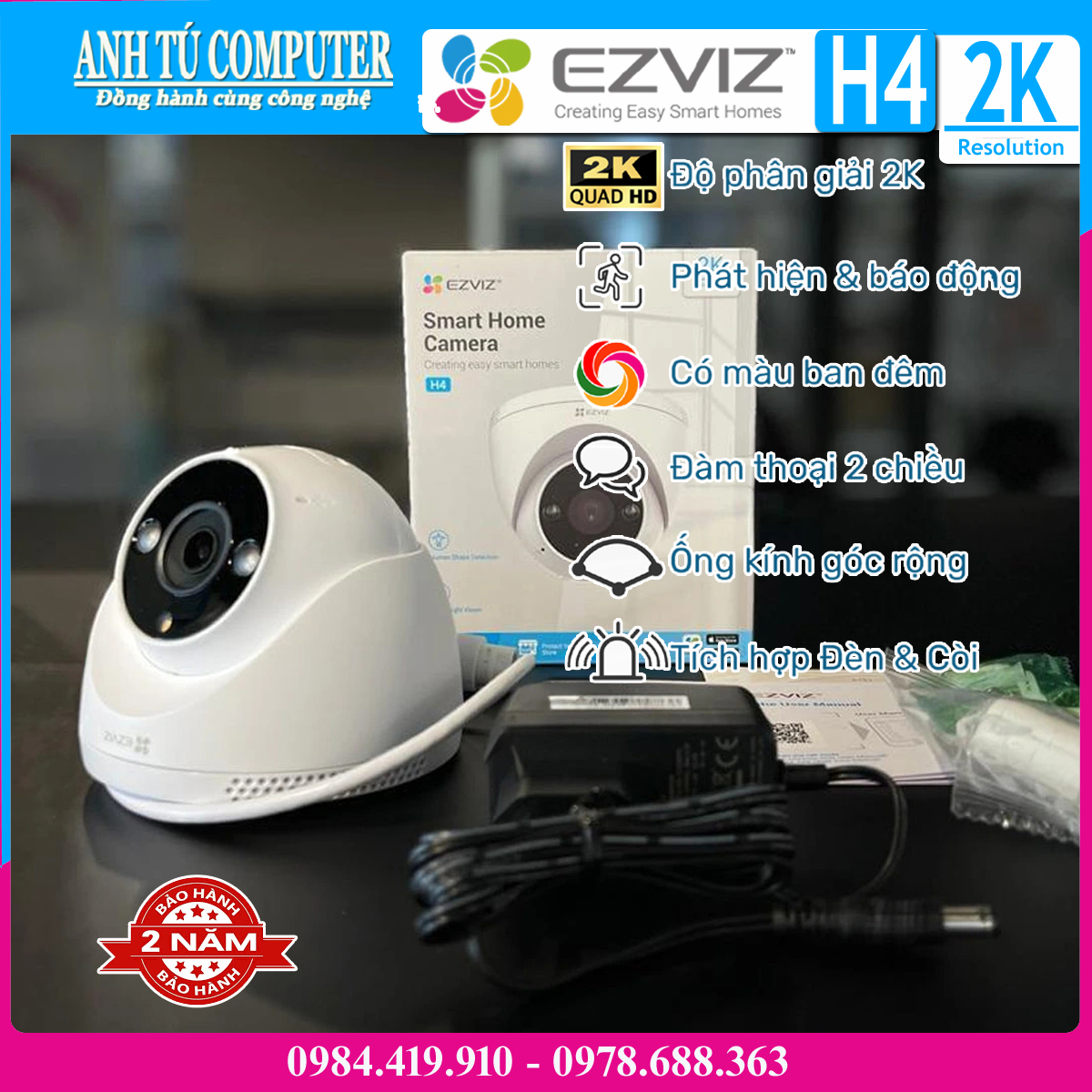 Camera WiFi bán cầu 3MP EZVIZ H4 2K Hàng chính hãng