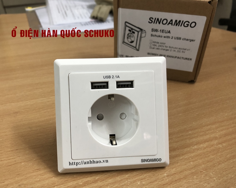 Ổ cắm điện Schuko (chuẩn Hàn Quốc) có 2 cổng USB 5V-2.1A Sinoamigo SW-1EUA chính hãng