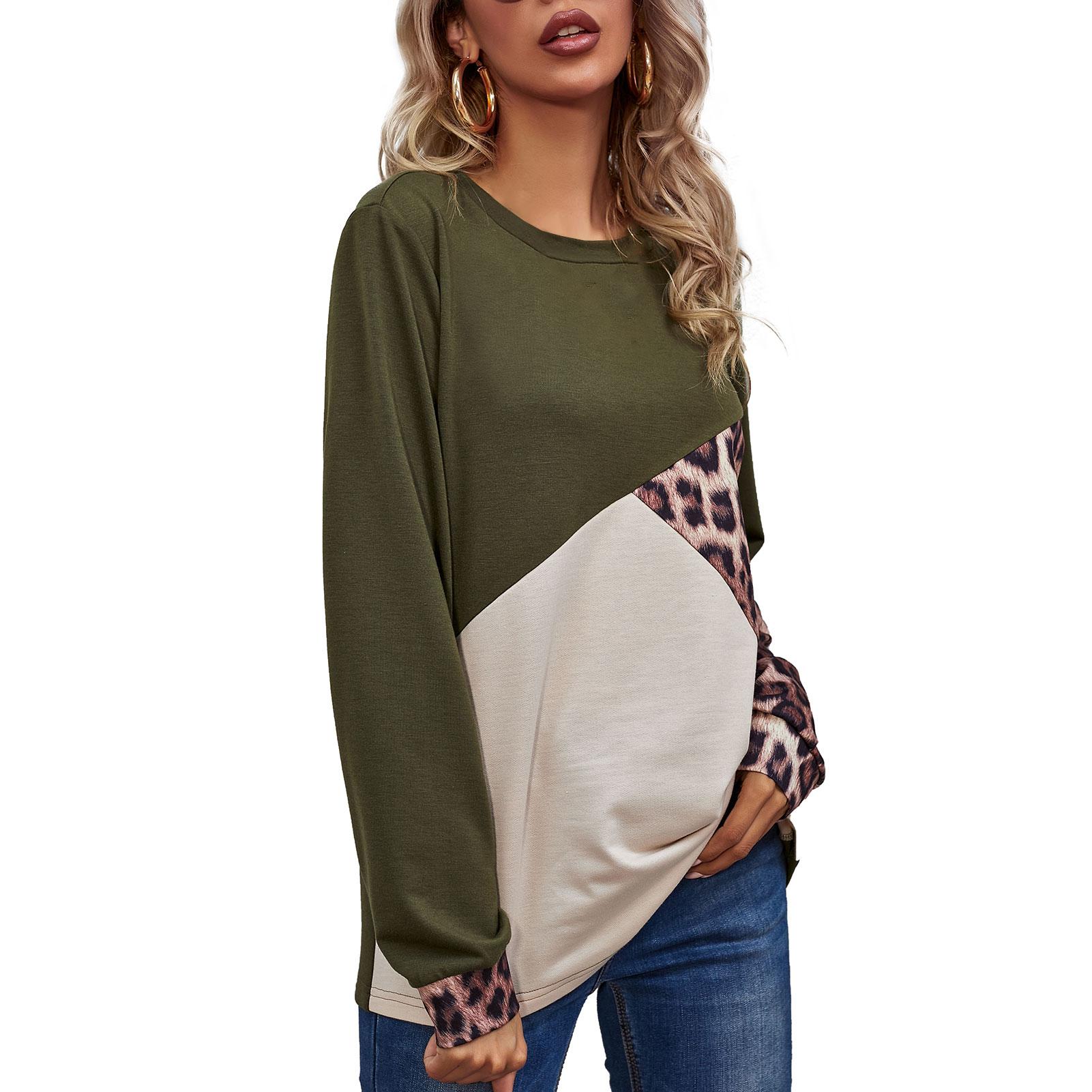 Women Long Sleeve T-shirt Leopard Splicing O Neck Sweatshirt Casual Tops