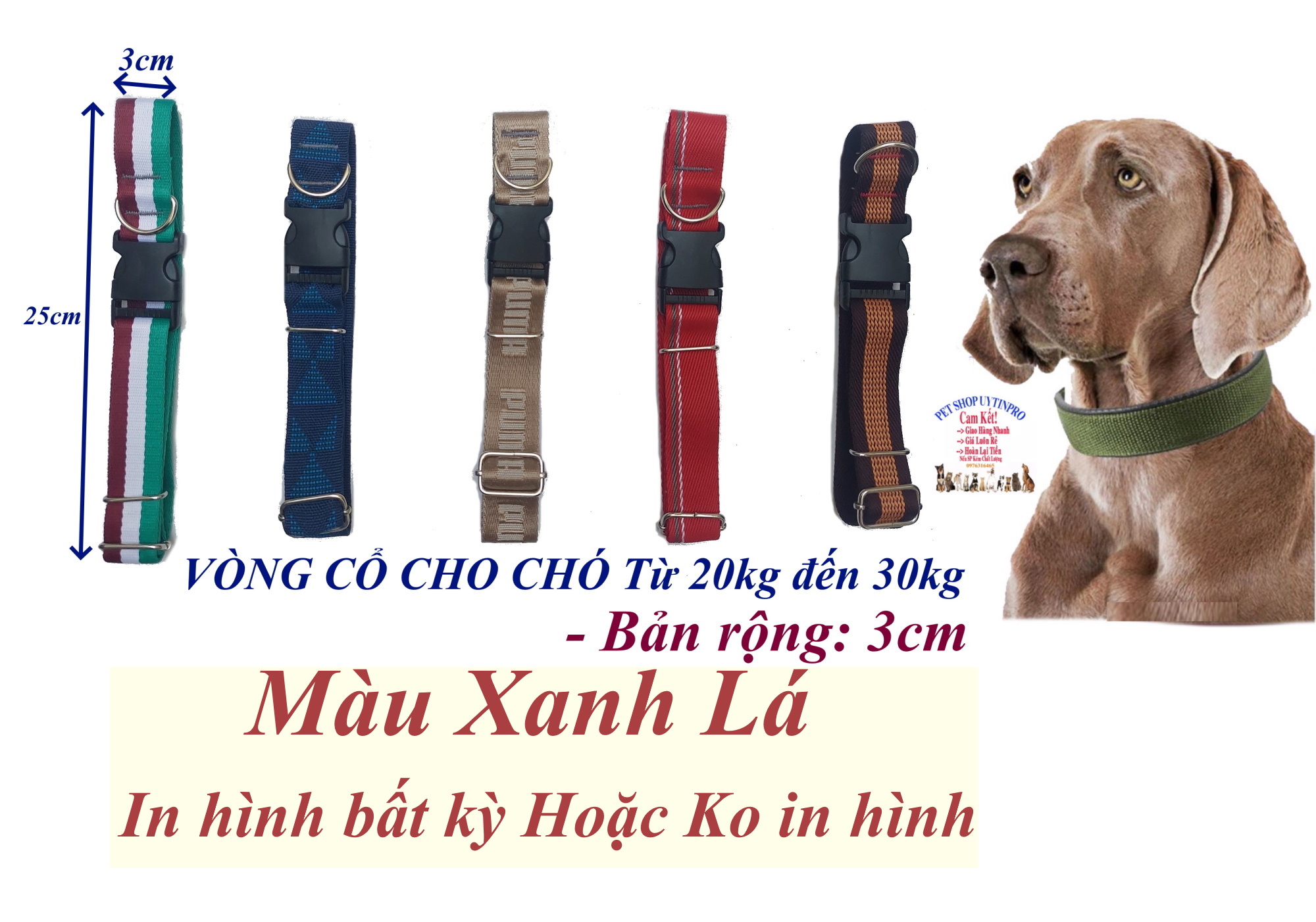 Vòng cổ cho Chó từ 20kg đến 30kg Bản rộng 3cm Chất liệu dù cao cấp, Dày, Chắc chắn, An toàn cho thú cưng