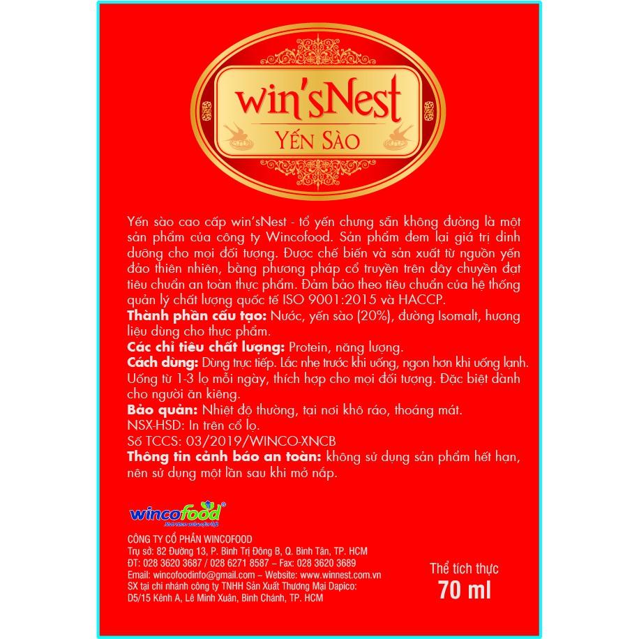 Combo 10 lọ Yến Sào cao cấp win'snest Tổ Yến Chưng Sẵn Không Đường 20% (70 ml/ lọ) kèm túi xách