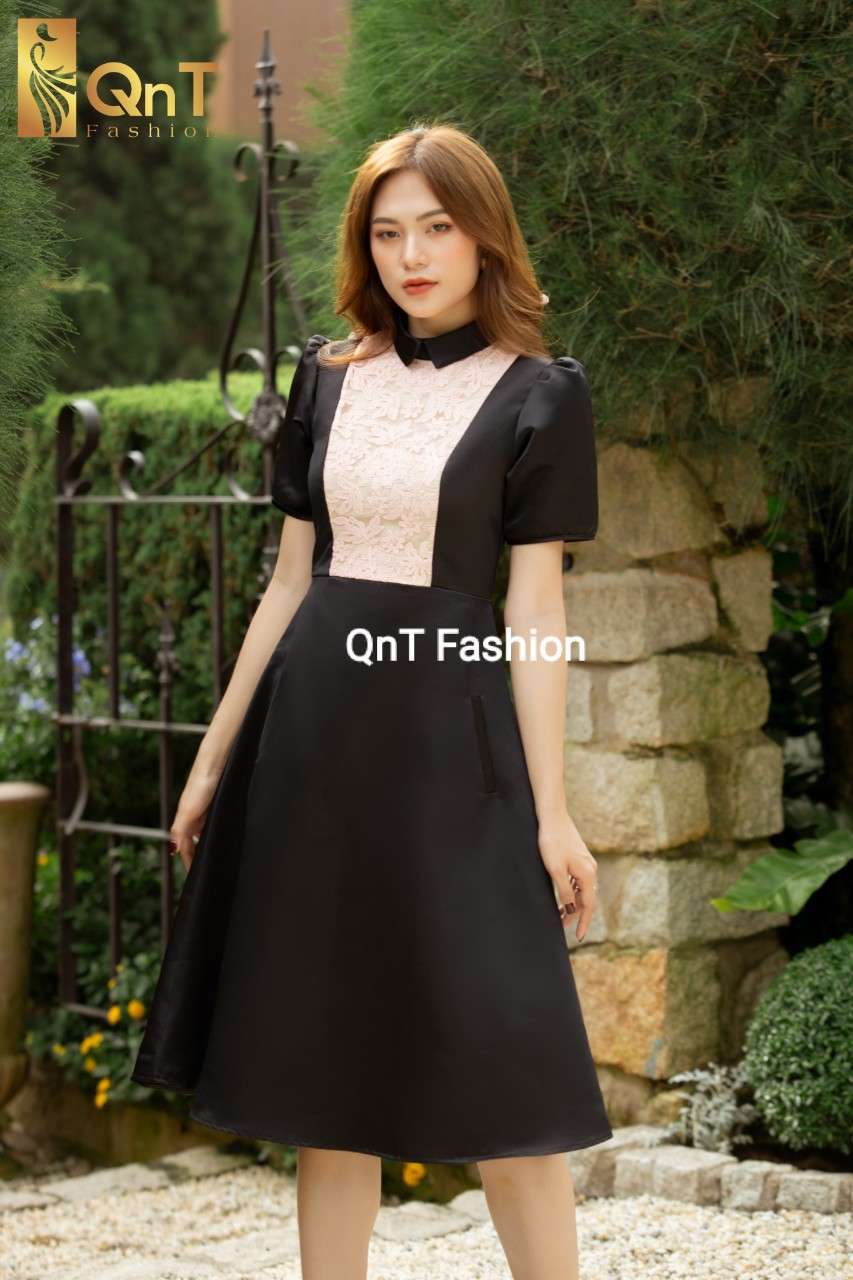 Đầm dự tiệc thiết kế dáng xòe-Đầm tafta đen 2 lớp phối ren chân A sang trọng,thanh lịch đi tiệc,đi làm hay đi chơi