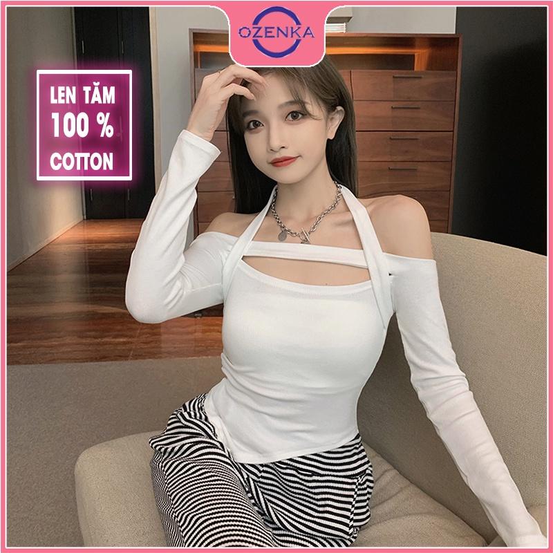 Áo croptop tay dài trễ vai ôm body , áo bẹt vai crt len tăm 100% cotton đẹp đen trắng free sze dưới 52 kg