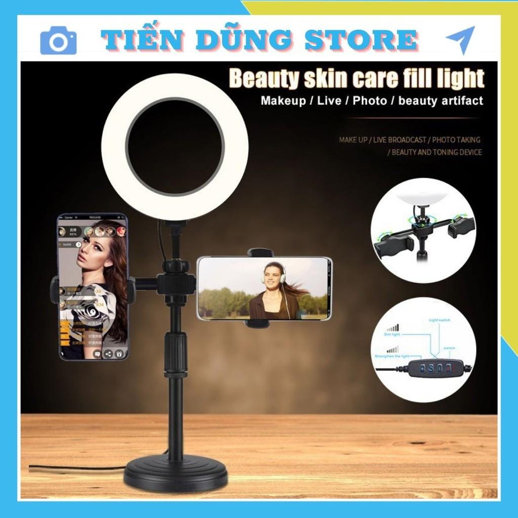 Đèn Livestream 3 in 1 Tích Hợp Giá Đỡ 2 Điện Thoại, Có 3 Chế Độ Sáng, Kẹp Điện Thoại Để Bàn Quay Video