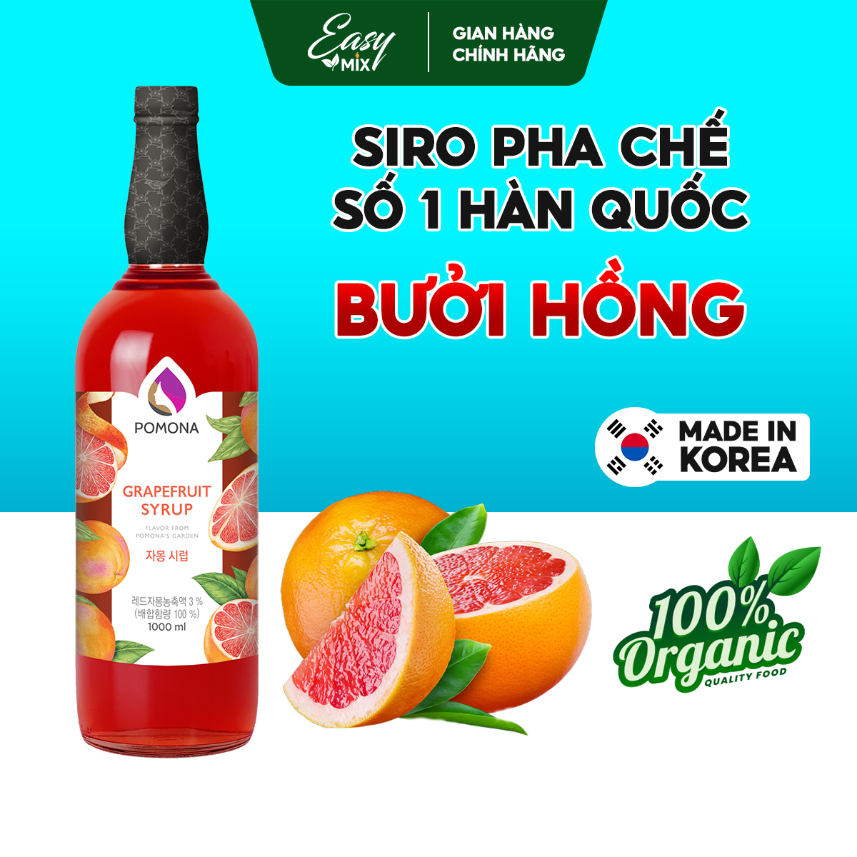 Siro Bưởi Hồng Pomona Grape Fruit Syrup Nguyên Liệu Pha Chế Hàn Quốc Chai Thủy Tinh 1 Lít