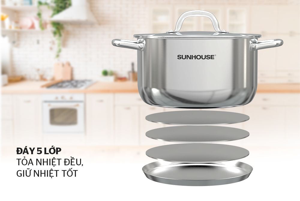 Bộ nồi chảo inox 5 đáy Sunhouse SHG995 dùng cho mọi loại bếp - Hàng chính hãng