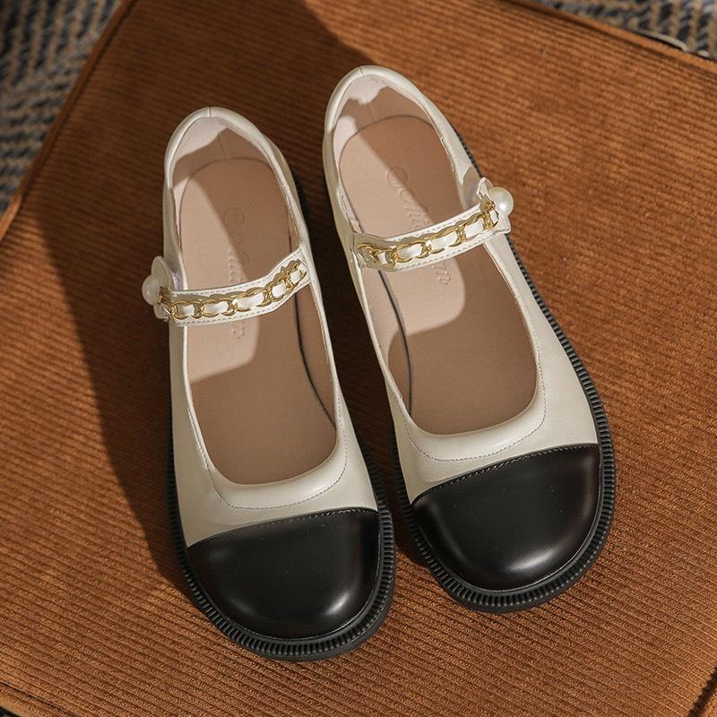 Lưu ý Size Giày Búp Bê Mũi Đen Quai Phối Dây Xích Ngọc Đế 2.5cm G073