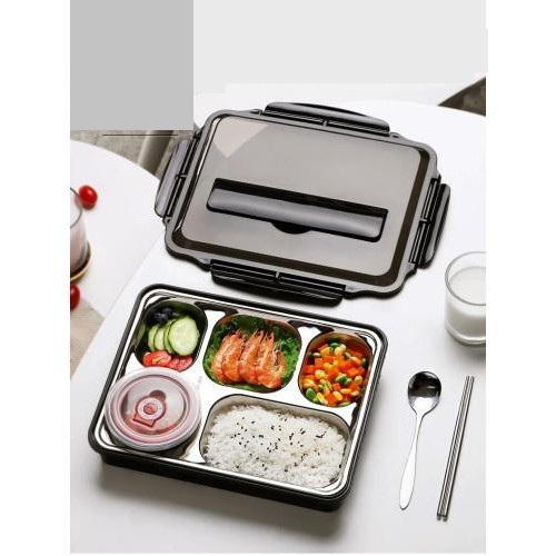 Hộp Cơm Văn Phòng Inox 5 Ngăn Giữ Nhiệt Nắp Đậy Chống Tràn Tặng Kèm Đũa Thìa Inox Tiện Ích, Khay Đựng Cơm Inox 304 - Giao Màu Ngẫu Nhiên - Free Ship Toàn Quốc