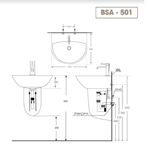 Chậu lavabo rửa mặt + chân treo ốp tường  BSA-501 (vòi gắn trên mặt lavabo)