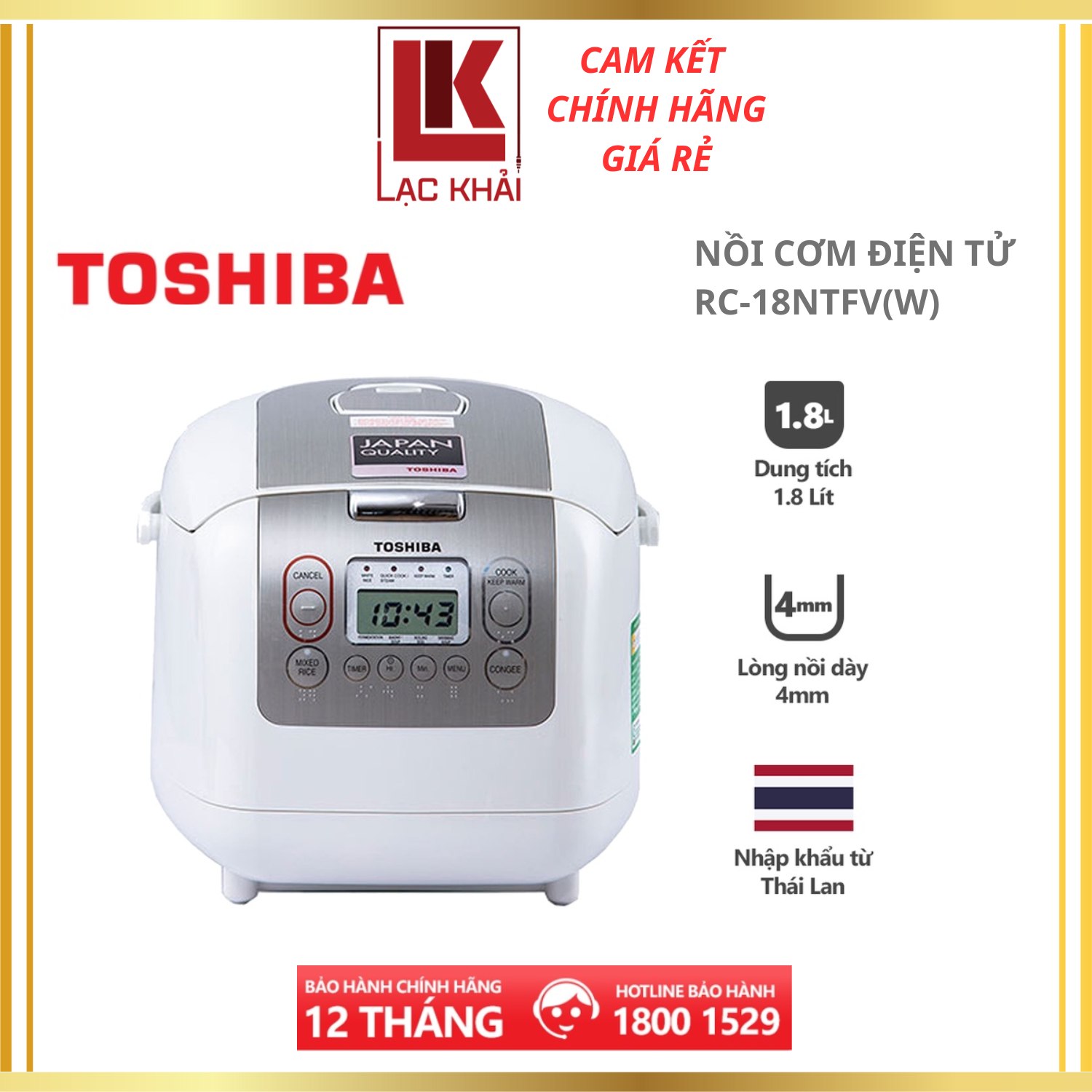Nồi cơm điện tử Toshiba 1.8L RC-18NTFV - Xuất xứ Thái lan - Lòng nồi hợp kim dày 4mm - Phù hợp cho gia đình 4-6 người - Hàng chính hãng - Bảo hành 12 tháng, chất lượng Nhật Bản