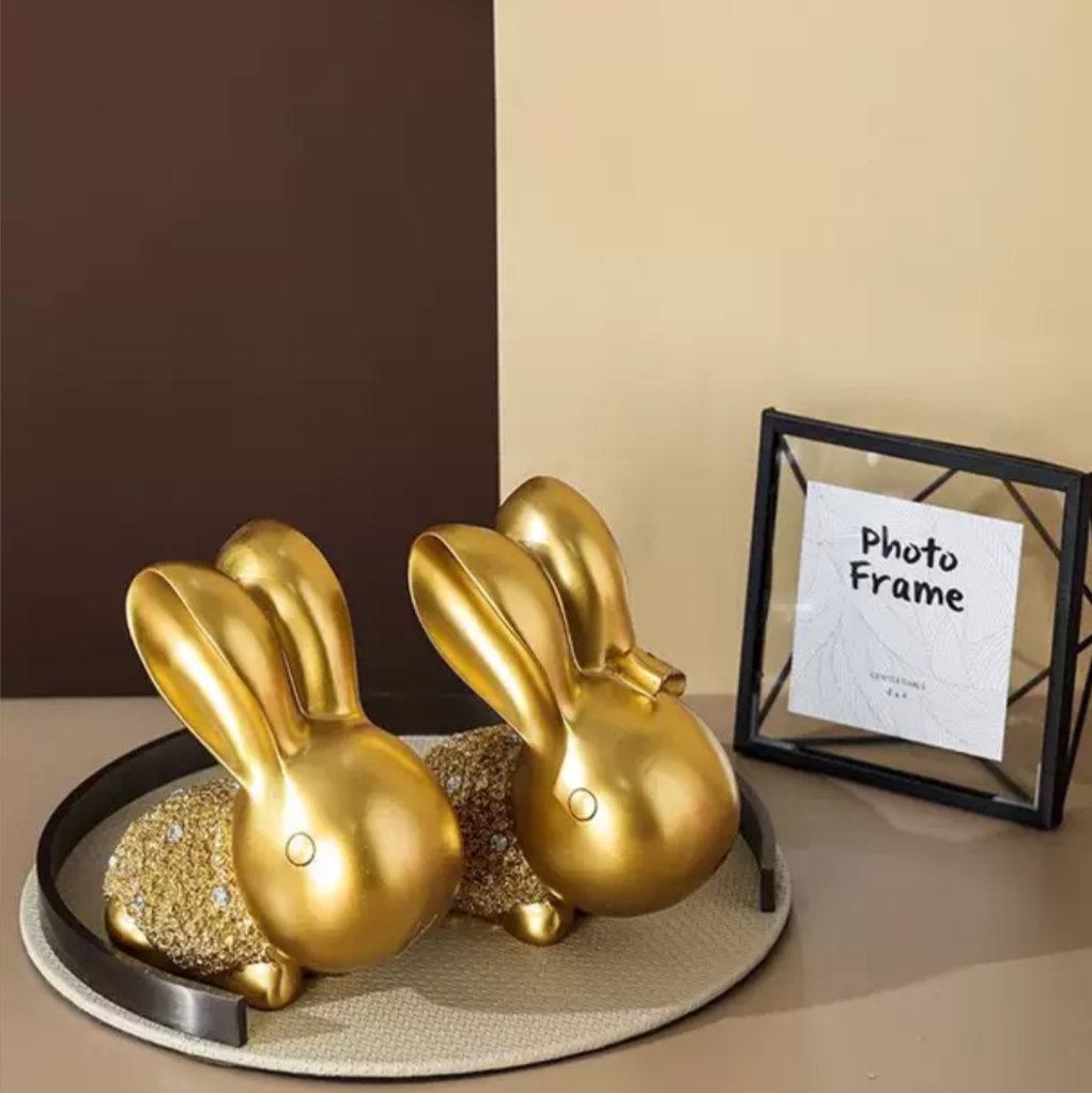 Tượng cặp đôi thỏ, decor trưng bày phòng khách, kệ tủ, giá sách