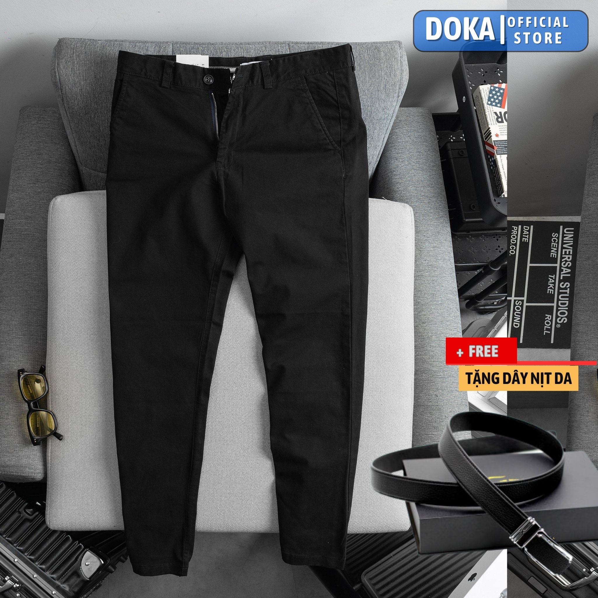 Quần Kaki Nam Tặng 1 Dây Nịt Da Hàng Hiệu Chất Vải Cotton Mềm Mịn, Co Giãn, Chống Nhăn, Nhanh Khô, Độ Bền Cao Chuẩn Phong Cách Thời Trang Dokafashion Dkfqkk01 - Đen - 34 74 - 78Kg