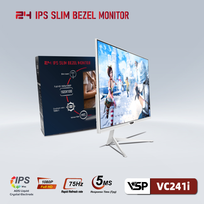 Màn hình máy tính 24inch VSP VC241i [TRẮNG] (23.8&quot; IPS FHD 75Hz, HDMI+VGA) - Hàng chính hãng TECH VISION phân phối