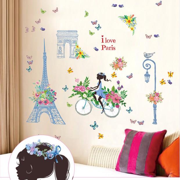 Decal trang trí tường - Tháp Xanh Cô Gái Xe Đạp Hoa