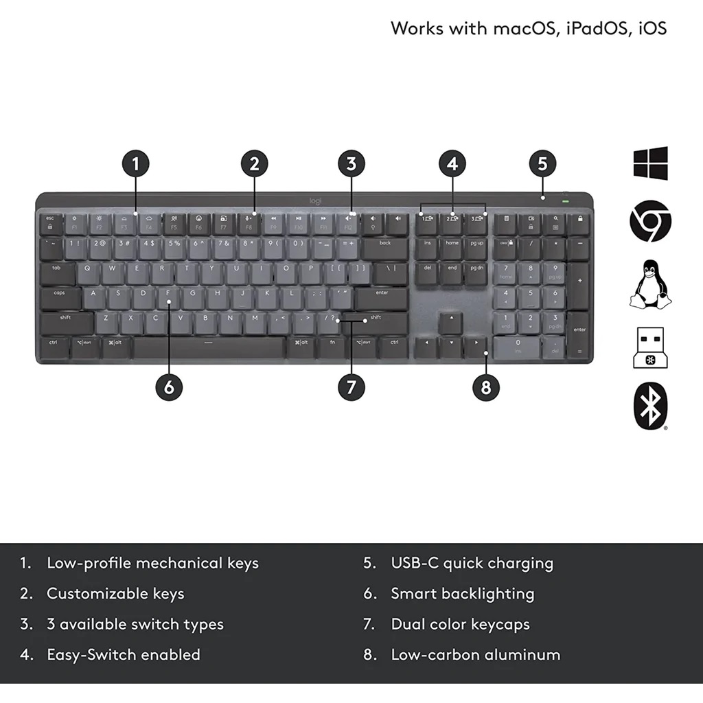 Bàn phím cơ không dây Logitech MX Mechanical Tactile Wireless/Bluetooth - Hàng Chính Hãng