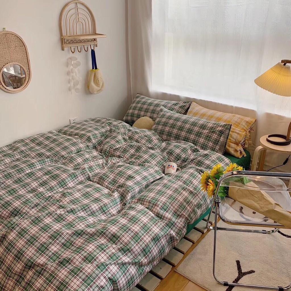 Bộ chăn ga Cotton Poly M2T BEDDIND phong cách Hàn Quốc - PL kẻ xanh lá