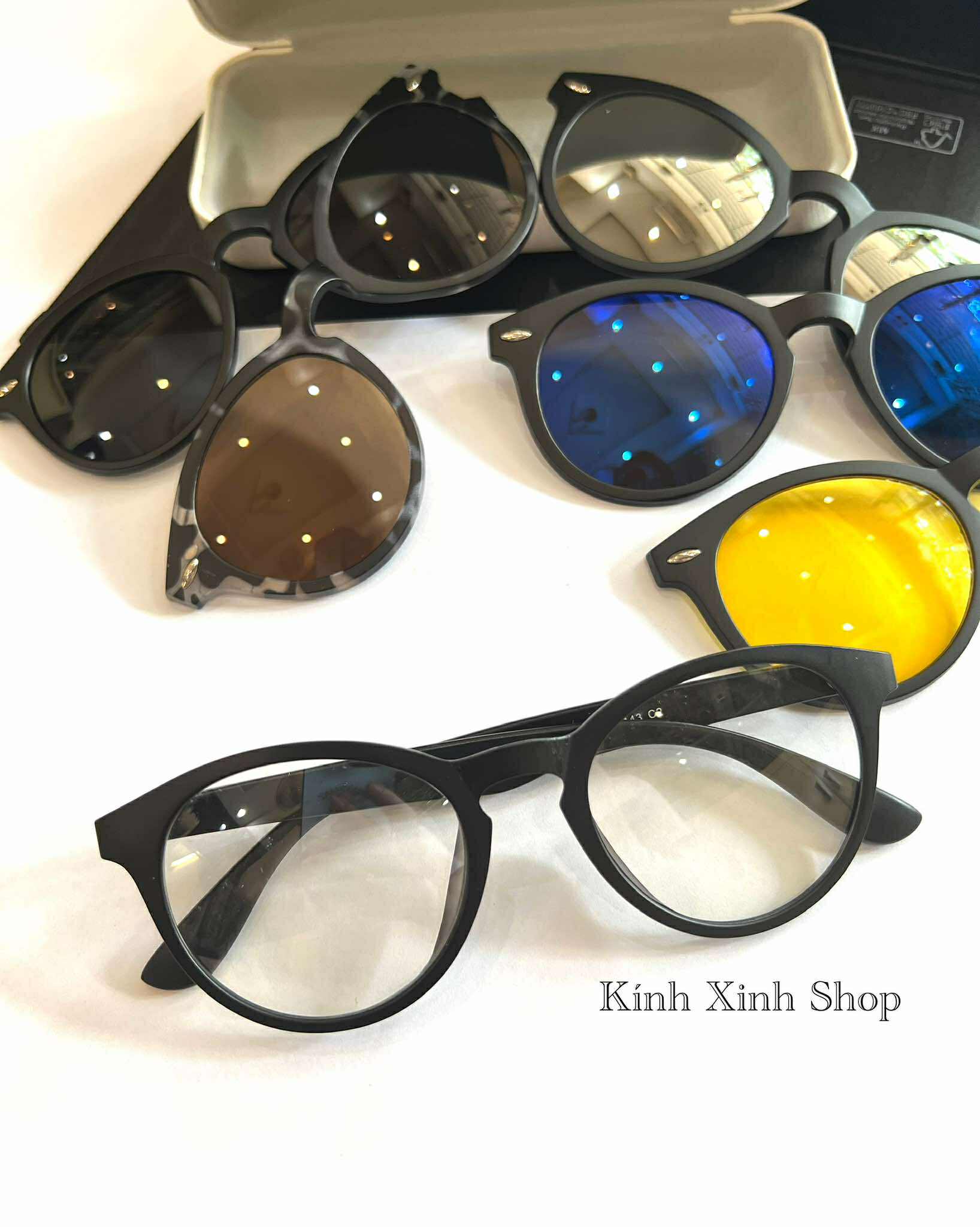 Kính Mắt Nhiều Tròng 6in1, Kính Cận Râm Mắt Tròn Gọng Nhựa Cho Nam Nữ