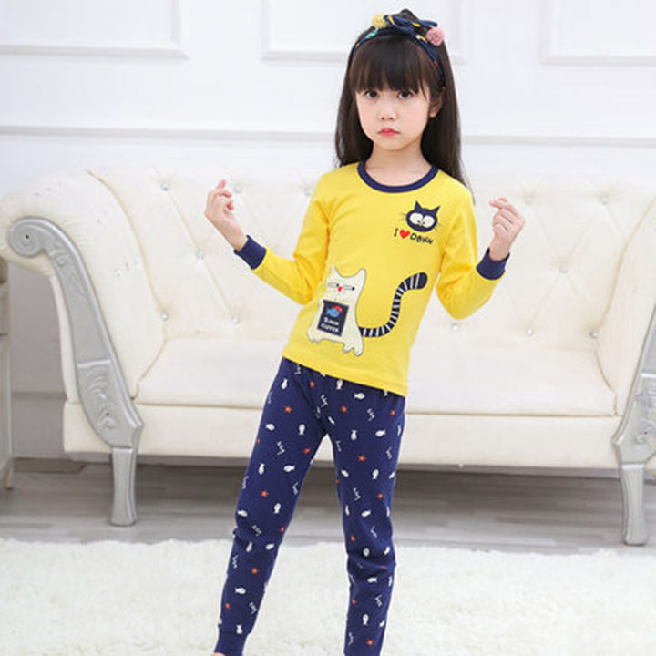 Bộ đồ ngủ in hình mèo vàng ăn cá dễ thương cho bé gái và bé trai