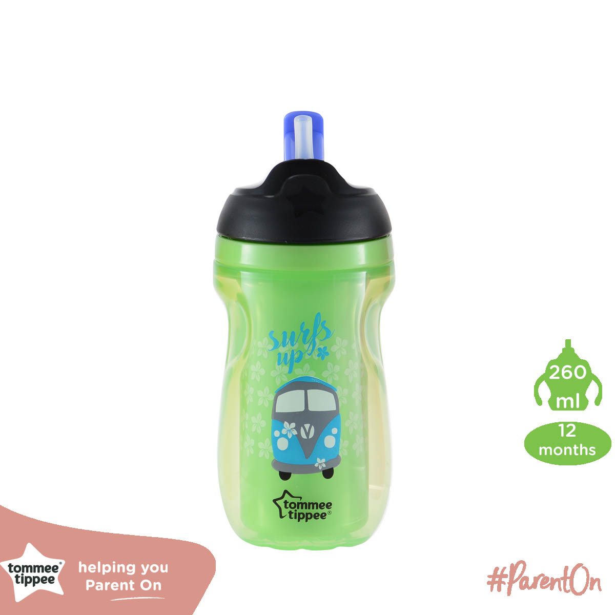 Bình uống nước giữ nhiệt có ống hút cho bé Tommee Tippee 260ml từ 12 tháng - Insulated Straw Xanh Lá