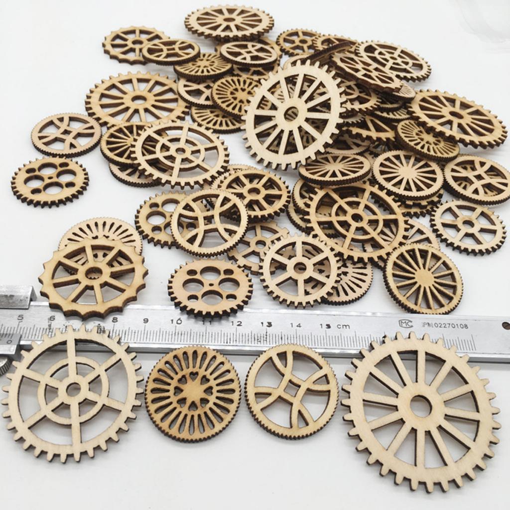 100pcs Mixed Unfinished Blank Wood Wooden Gear Embellishments for DIY Crafts