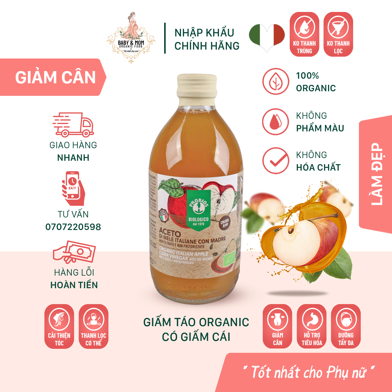 Giấm Táo Hữu Cơ Có Giấm Cái 500ml ProBios