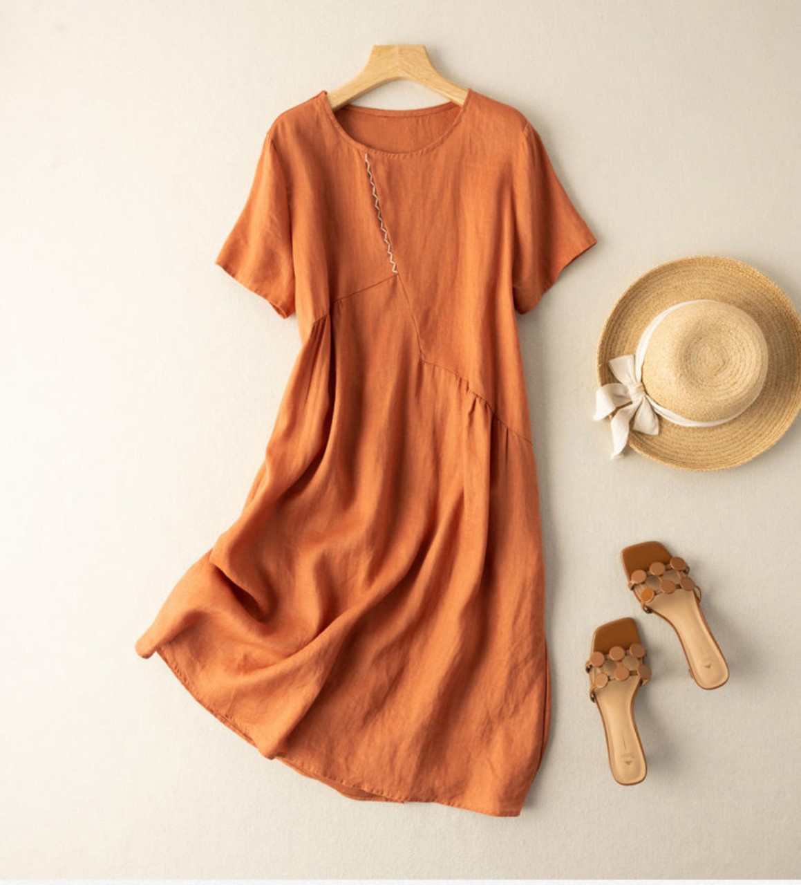 Đầm váy linen suông trơn, Váy linen dáng dài ngắn tay trơn màu cam che khuyết điểm ARCTIC HUNTER Da60